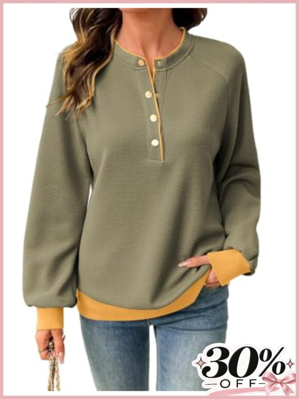 Waffle Knit Color Block Henley Sweatshirt Womens Long Sleeve Casual Top